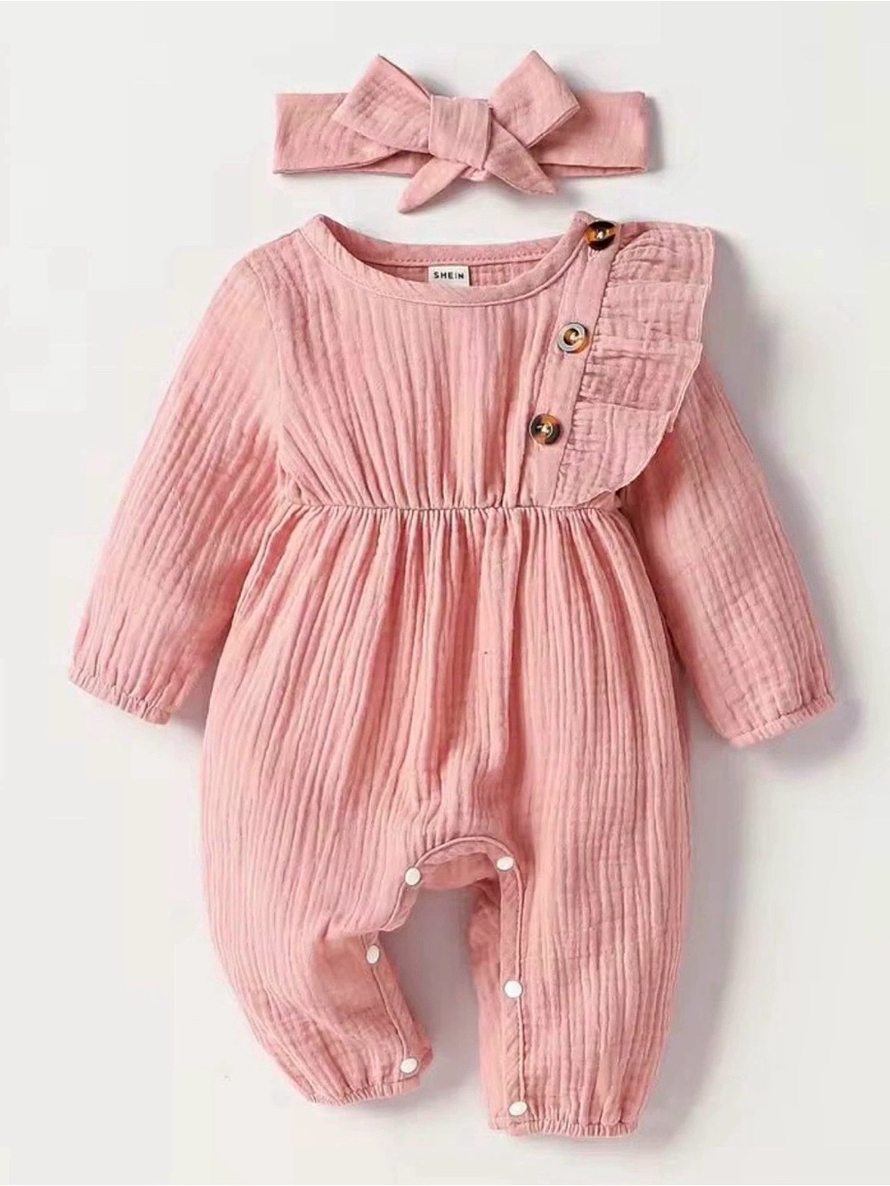 SHEIN Pink Ruffled Button-Front Baby with Bow Headband Newborn